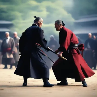 The aging samurai, tottery and weak, faced off against the powerful villain in an epic battle.