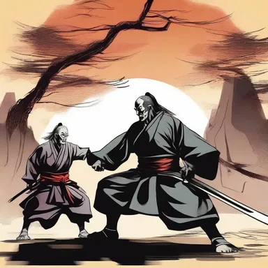 The aging samurai, tottery and weak, faced off against the powerful villain in an epic battle.