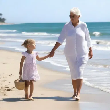 In the heart-wrenching movie, the tottery grandmother held onto her granddaughter's hand tightly as they walked along the sandy beach.