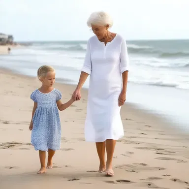 In the heart-wrenching movie, the tottery grandmother held onto her granddaughter's hand tightly as they walked along the sandy beach.