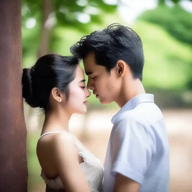 Lost in their passionate embrace, the young couple dumbly expressed their love through lingering glances.