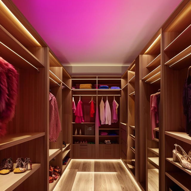 Luxurious walk-in wardrobe featuring a vibrant color palette with artistic lighting