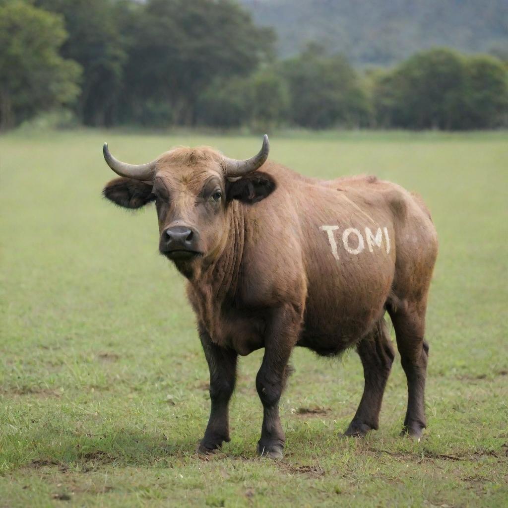 An Anoa, an Indonesian dwarf buffalo, standing in a lush green field with the word 'TOMI' artistically inscribed on its side.