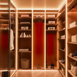 Luxurious walk-in wardrobe featuring a vibrant color palette with artistic lighting