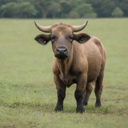 An Anoa, an Indonesian dwarf buffalo, standing in a lush green field with the word 'TOMI' artistically inscribed on its side.