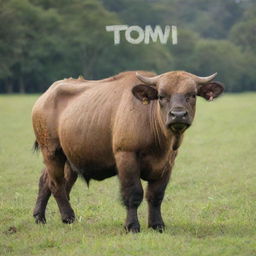 An Anoa, an Indonesian dwarf buffalo, standing in a lush green field with the word 'TOMI' artistically inscribed on its side.