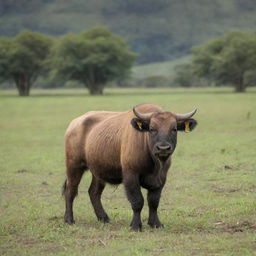 An Anoa, an Indonesian dwarf buffalo, standing in a lush green field with the word 'TOMI' artistically inscribed on its side.