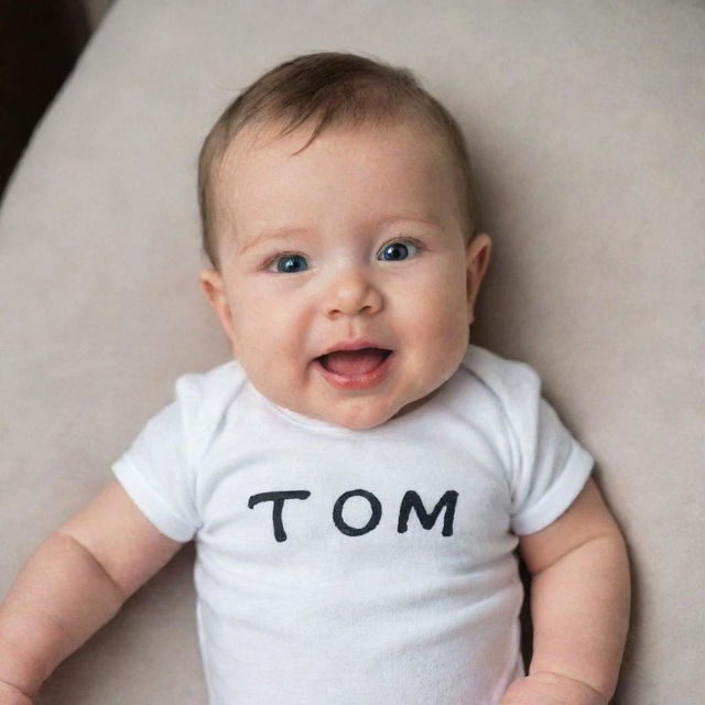 A baby wearing a comfortable onesie with 'TOMI' written on it.