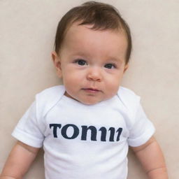 A baby wearing a comfortable onesie with 'TOMI' written on it.