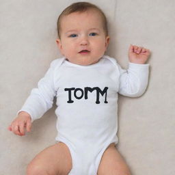 A baby wearing a comfortable onesie with 'TOMI' written on it.