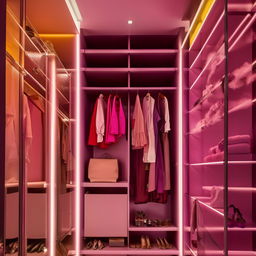 Luxurious walk-in wardrobe featuring a vibrant color palette with artistic lighting