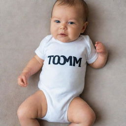 A baby wearing a comfortable onesie with 'TOMI' written on it.