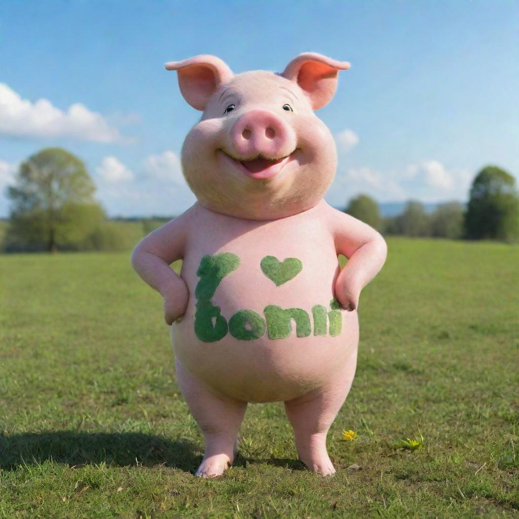 A cheerful pig character with the name 'TOMI' inscribed on its body, standing in a sunny, green pasture.