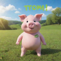 A cheerful pig character with the name 'TOMI' inscribed on its body, standing in a sunny, green pasture.