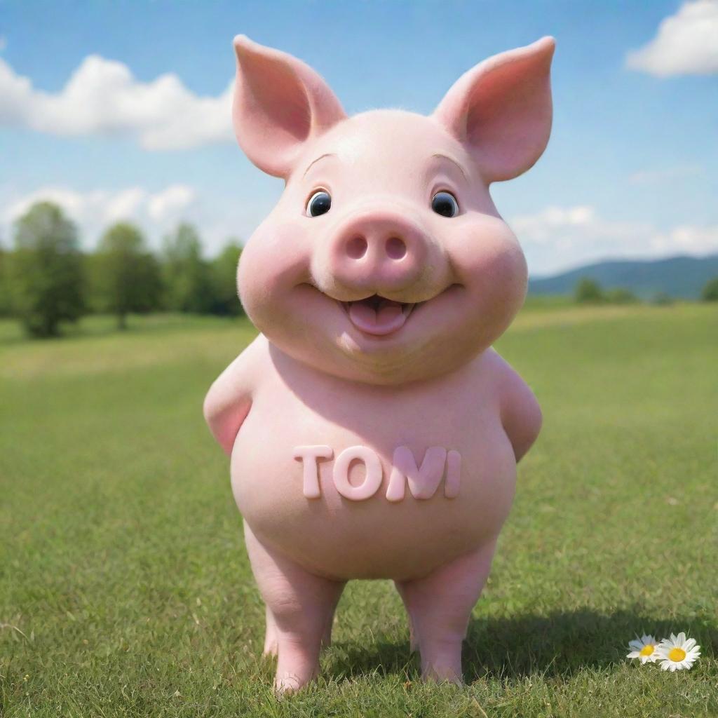 A cheerful pig character with the name 'TOMI' inscribed on its body, standing in a sunny, green pasture.