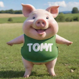 A cheerful pig character with the name 'TOMI' inscribed on its body, standing in a sunny, green pasture.