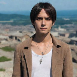 Eren Yeager from Attack on Titan standing firmly with his signature key necklace around his neck, determination in his eyes, and a ruined town in the background