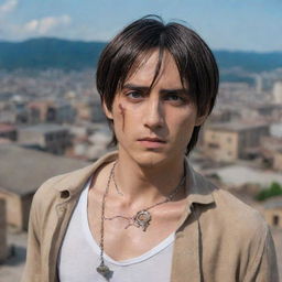 Eren Yeager from Attack on Titan standing firmly with his signature key necklace around his neck, determination in his eyes, and a ruined town in the background