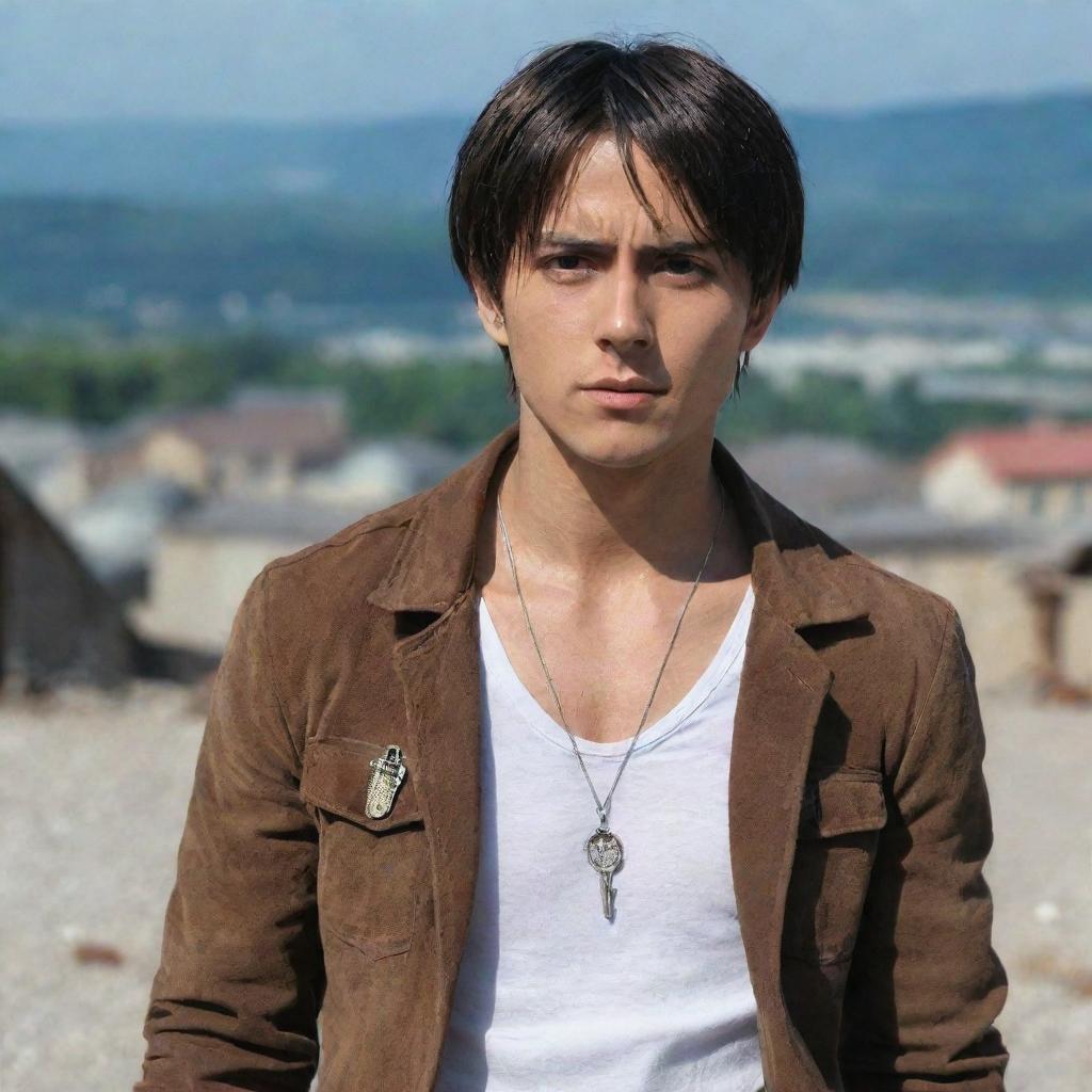 Eren Yeager from Attack on Titan standing firmly with his signature key necklace around his neck, determination in his eyes, and a ruined town in the background