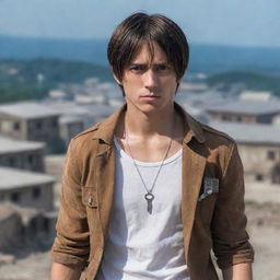 Eren Yeager from Attack on Titan standing firmly with his signature key necklace around his neck, determination in his eyes, and a ruined town in the background