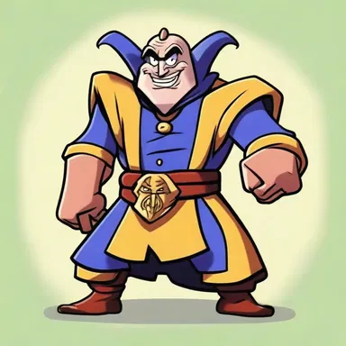 The villain in the cartoon show devised a hugger-mugger plan to steal the valuable artifact without the heroes realizing their true intentions.
