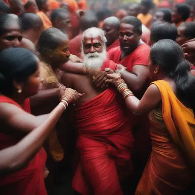 During the chaotic festival, the devotees danced in a hugger-mugger fashion, praising their gods.
