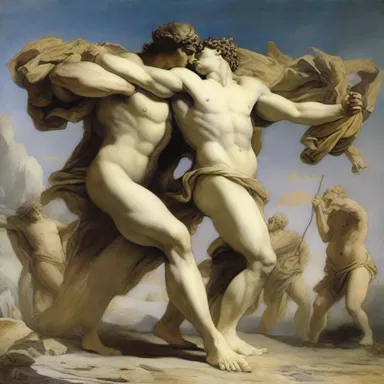 In Greek mythology, the Titanomachy was a hugger-mugger battle between the Titans and the Olympian gods for control of the universe.