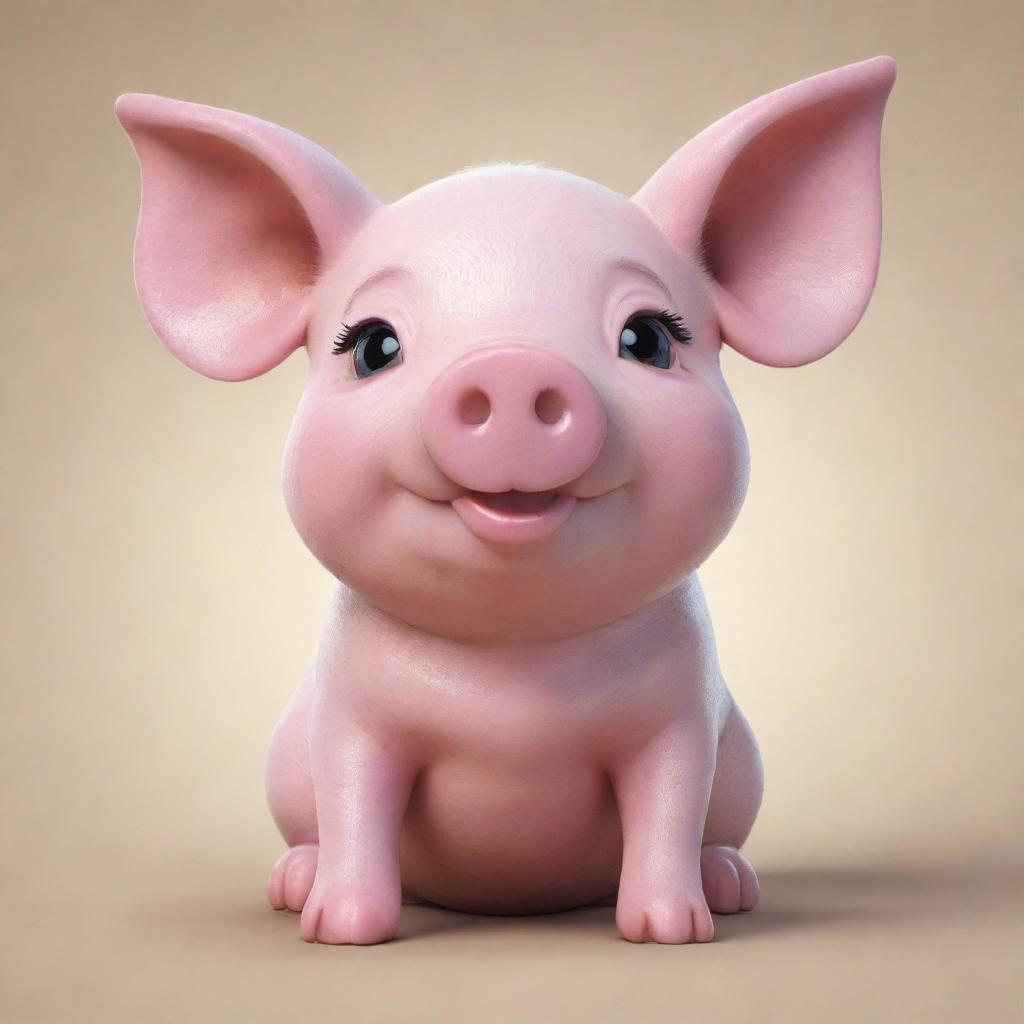 A cute, friendly pig with shiny skin. It has the name 'TOMI' stylishly painted on its side in vibrant colors.