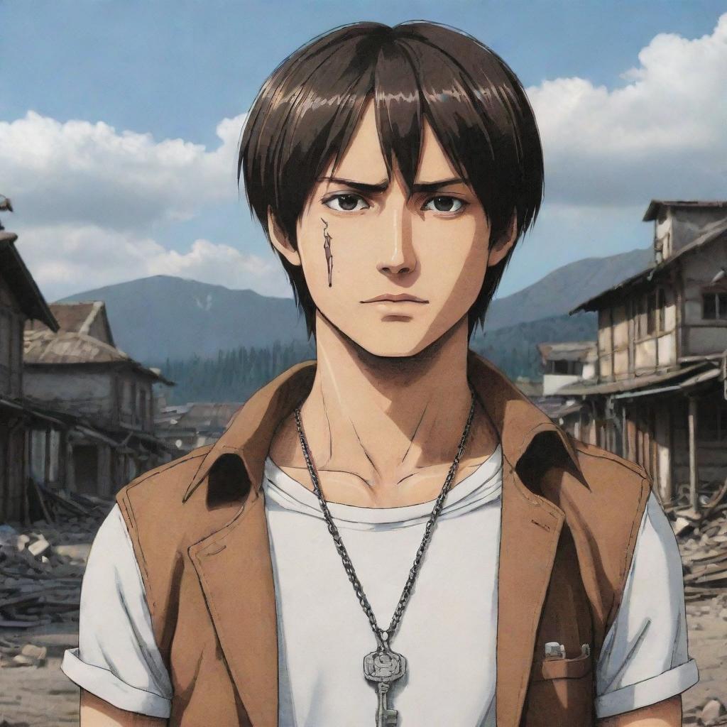 2D representation of Eren Yeager from Attack on Titan standing firmly with his signature key necklace around his neck, determination in his eyes, in manga style with a ruined town in the background