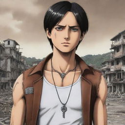 2D representation of Eren Yeager from Attack on Titan standing firmly with his signature key necklace around his neck, determination in his eyes, in manga style with a ruined town in the background