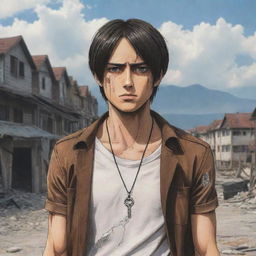 2D representation of Eren Yeager from Attack on Titan standing firmly with his signature key necklace around his neck, determination in his eyes, in manga style with a ruined town in the background