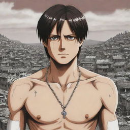 2D representation of Eren Yeager from Attack on Titan standing firmly with his signature key necklace around his neck, determination in his eyes, in manga style with a ruined town in the background