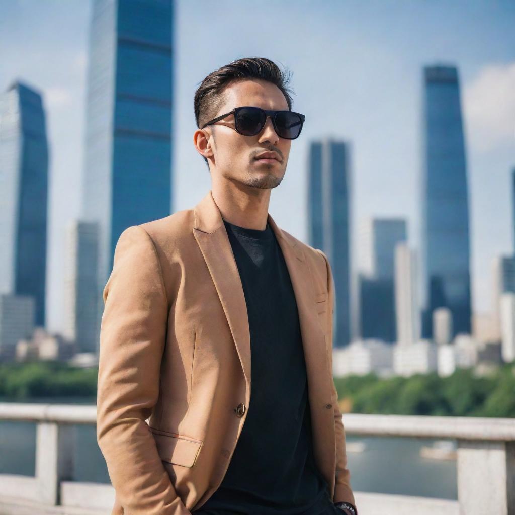 Himoo dressed in stylish urban fashion with sunglasses, posing confidently against a backdrop of a modern city.