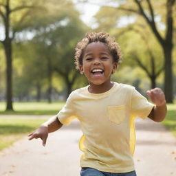 A cheerful African American child happily playing in a sunny park with a bright smile on his face.