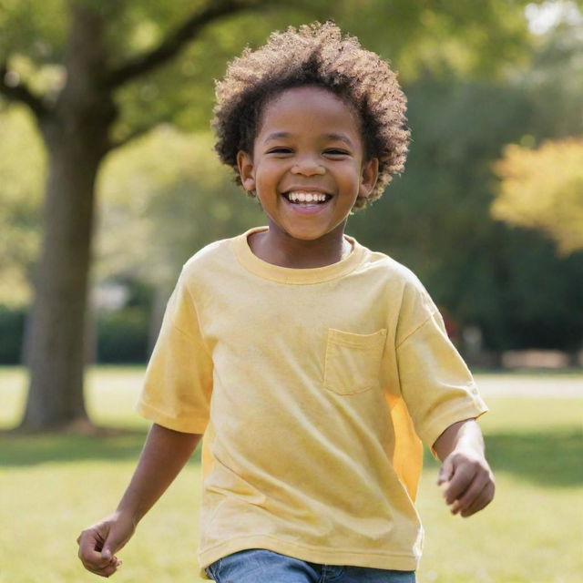 A cheerful African American child happily playing in a sunny park with a bright smile on his face.