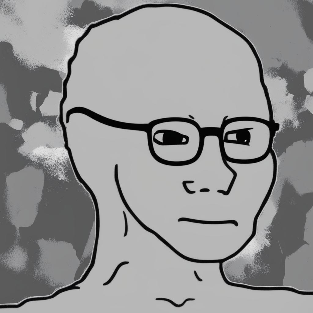 A high-quality digital art image of Sam Altman, depicted in the simplistic and monochromatic style of the Wojak meme, complete with his real-life attire and glasses