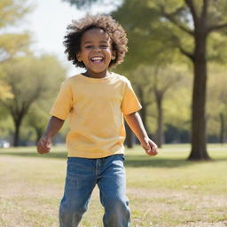 A cheerful African American child happily playing in a sunny park with a bright smile on his face.