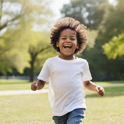 A cheerful African American child happily playing in a sunny park with a bright smile on his face.