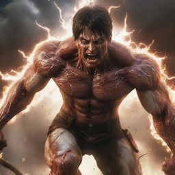 Eren Yeager transforming into his Attack Titan form with roaring face, muscular body and shards of lightning radiating from him, surrounded by rubble