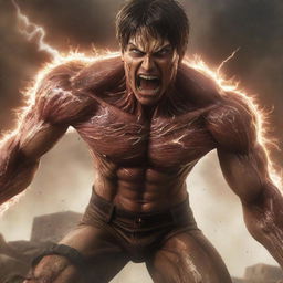 Eren Yeager transforming into his Attack Titan form with roaring face, muscular body and shards of lightning radiating from him, surrounded by rubble