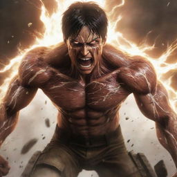 Eren Yeager transforming into his Attack Titan form with roaring face, muscular body and shards of lightning radiating from him, surrounded by rubble