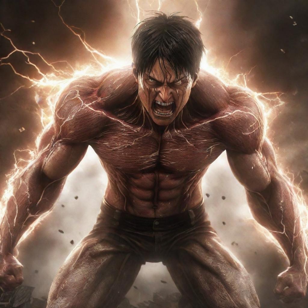 Eren Yeager transforming into his Attack Titan form with roaring face, muscular body and shards of lightning radiating from him, surrounded by rubble