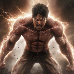 Eren Yeager transforming into his Attack Titan form with roaring face, muscular body and shards of lightning radiating from him, surrounded by rubble