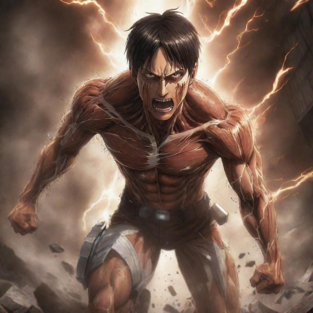 Anime-style representation of Eren Yeager transforming into his Attack Titan form, featuring details such as a roaring face, muscular body and shards of lightning, amidst a rubble-strewn background