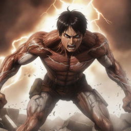 Anime-style representation of Eren Yeager transforming into his Attack Titan form, featuring details such as a roaring face, muscular body and shards of lightning, amidst a rubble-strewn background