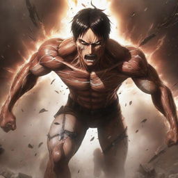 Anime-style representation of Eren Yeager transforming into his Attack Titan form, featuring details such as a roaring face, muscular body and shards of lightning, amidst a rubble-strewn background