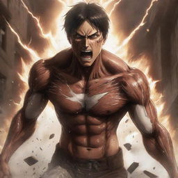 Anime-style representation of Eren Yeager transforming into his Attack Titan form, featuring details such as a roaring face, muscular body and shards of lightning, amidst a rubble-strewn background