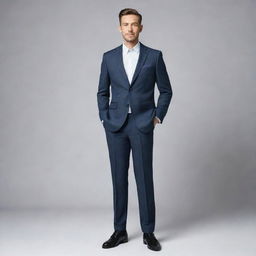 A full-body portrait of a man standing confidently, clothed in a stylish contemporary outfit.