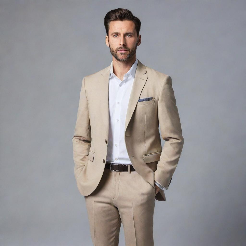 A full-body portrait of a man standing confidently, clothed in a stylish contemporary outfit.