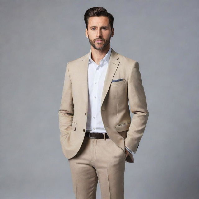 A full-body portrait of a man standing confidently, clothed in a stylish contemporary outfit.